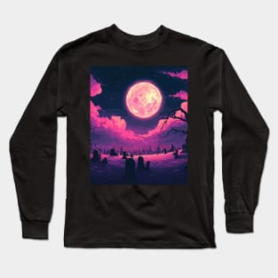 Nighttime Under the Pink Full Moon Long Sleeve T-Shirt